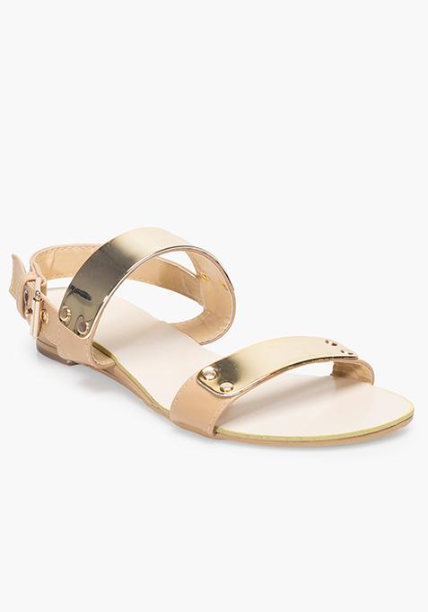 Gold Bar Flat Sandals - Beige