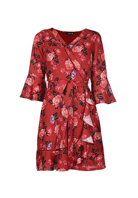 Red Floral Belted Ruffle Wrap Dress 