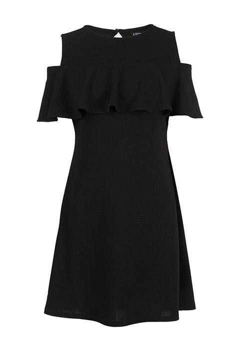 Ruffled Cold Shoulder Dress - Black