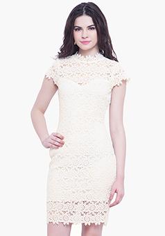 High Neck Crochet Dress - White