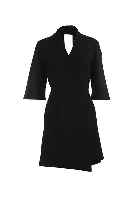 Black Notch Collar Tuxedo Wrap Dress