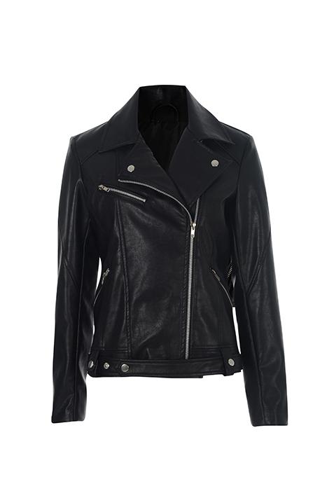 Belted Leather Biker Jacket - Black