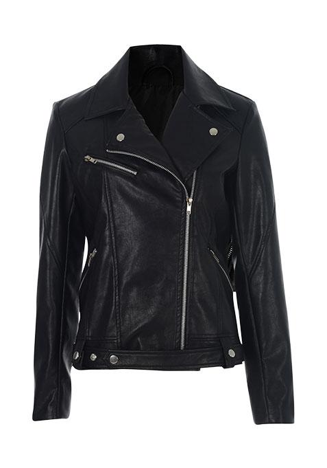 Belted Leather Biker Jacket - Black