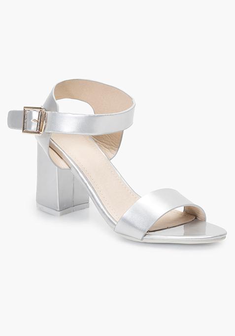 Block Heeled Sandals - Silver