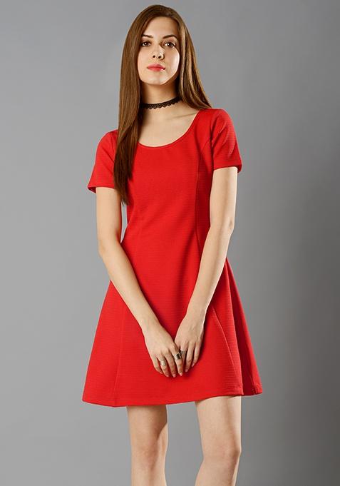 Paneled A-Line Dress - Red