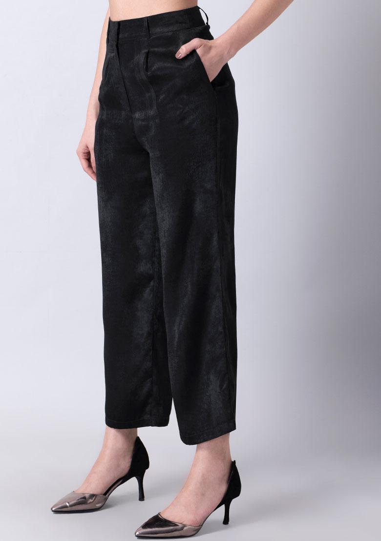 Buy Women Straight Fit Ankle Length Black Striped Foil Printed Velvet  Trousers  Global Republic