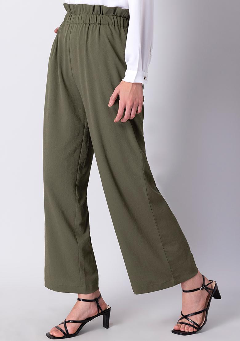 Buy Women Olive Paperbag High Waist Wide Legged Trousers  Formal Trousers  Online India  FabAlley