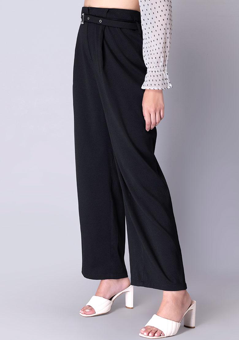 24Hour Fashion Women Solid Belted Regular Fit Black Trousers Pants