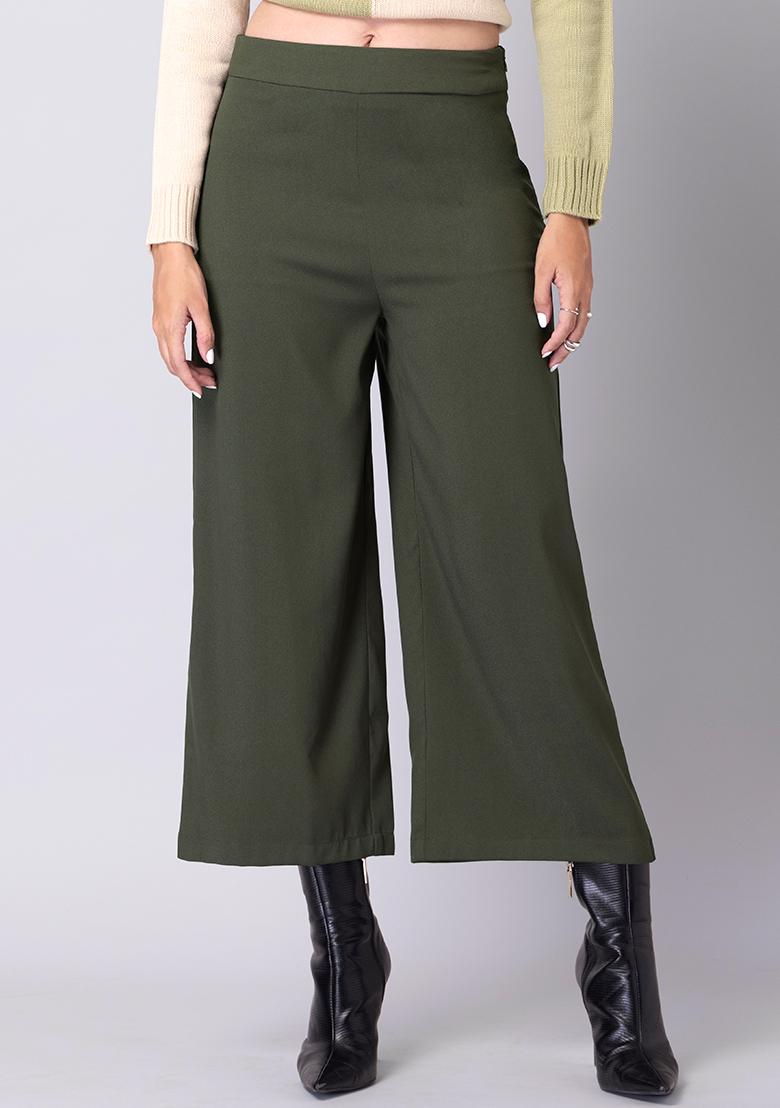 Silk Plain Women Olive Green Smart Flared Self Design Parallel Trousers  Size 28 To 36
