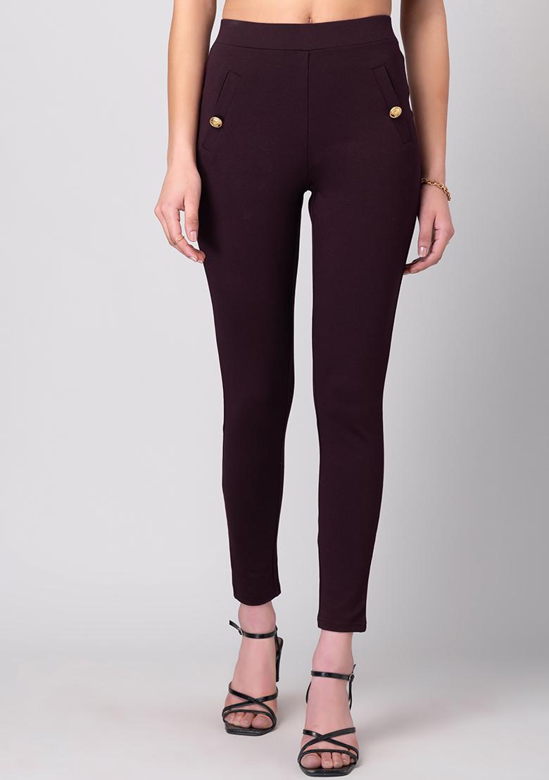 Miss Selfridge faux leather button fly leggings in burgundy | ASOS