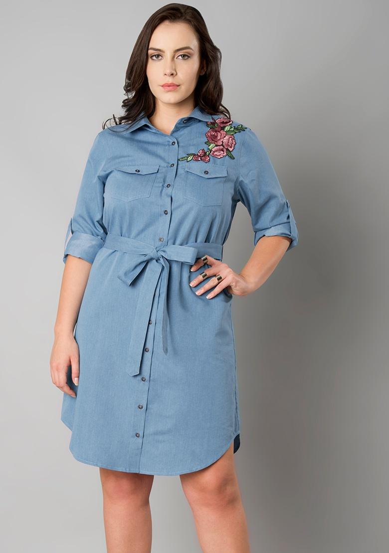 Pressure To Succeed Rhinestone Button Shirt Dress (Blue) · NanaMacs