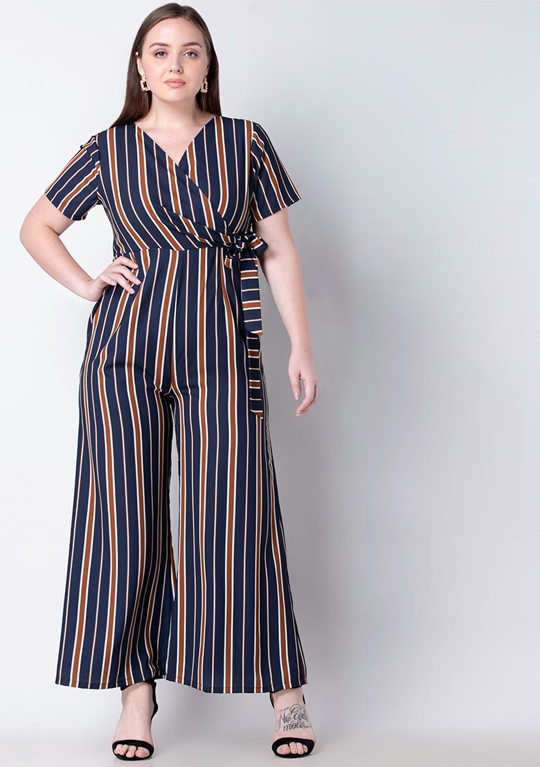 navy striped tie bow palazzo jumpsuit