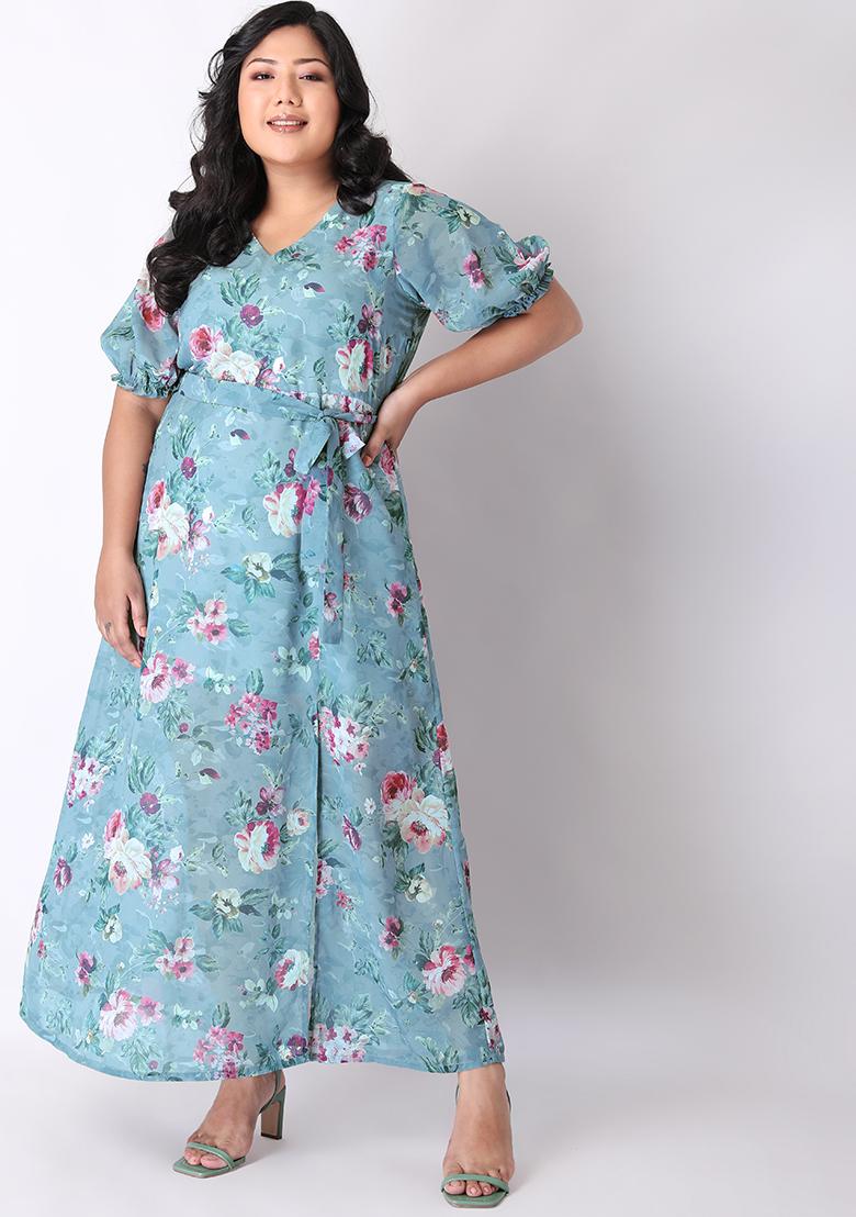 Buy Women Plus Size Grey Floral Flared Sleeve Belted Maxi Dress - Dresses  At Flat 50 Online India - FabAlley