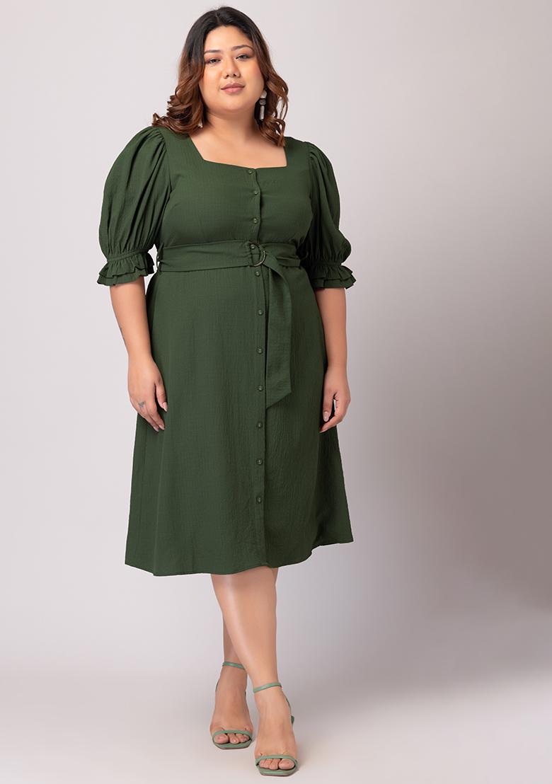 Buy Women Plus Size Dark Green Ruffled Sleeve Midi Dress With Belt