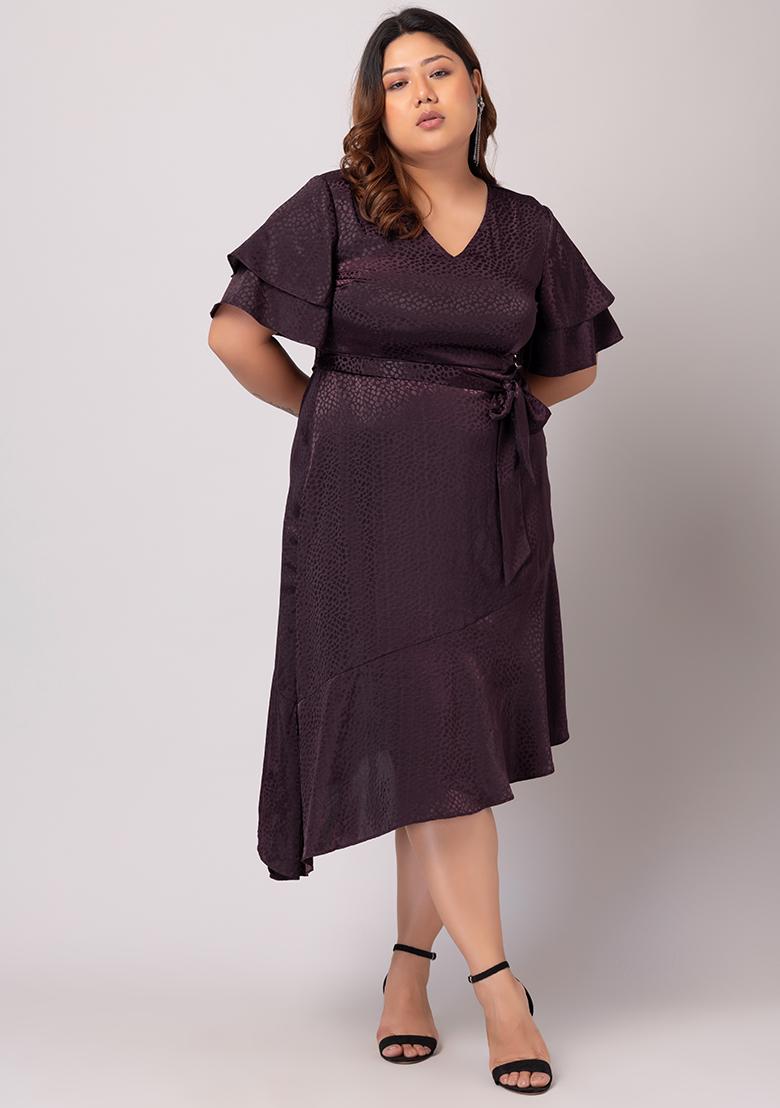 Buy Women Plus Size Purple Asymmetric Satin Dress With Belt