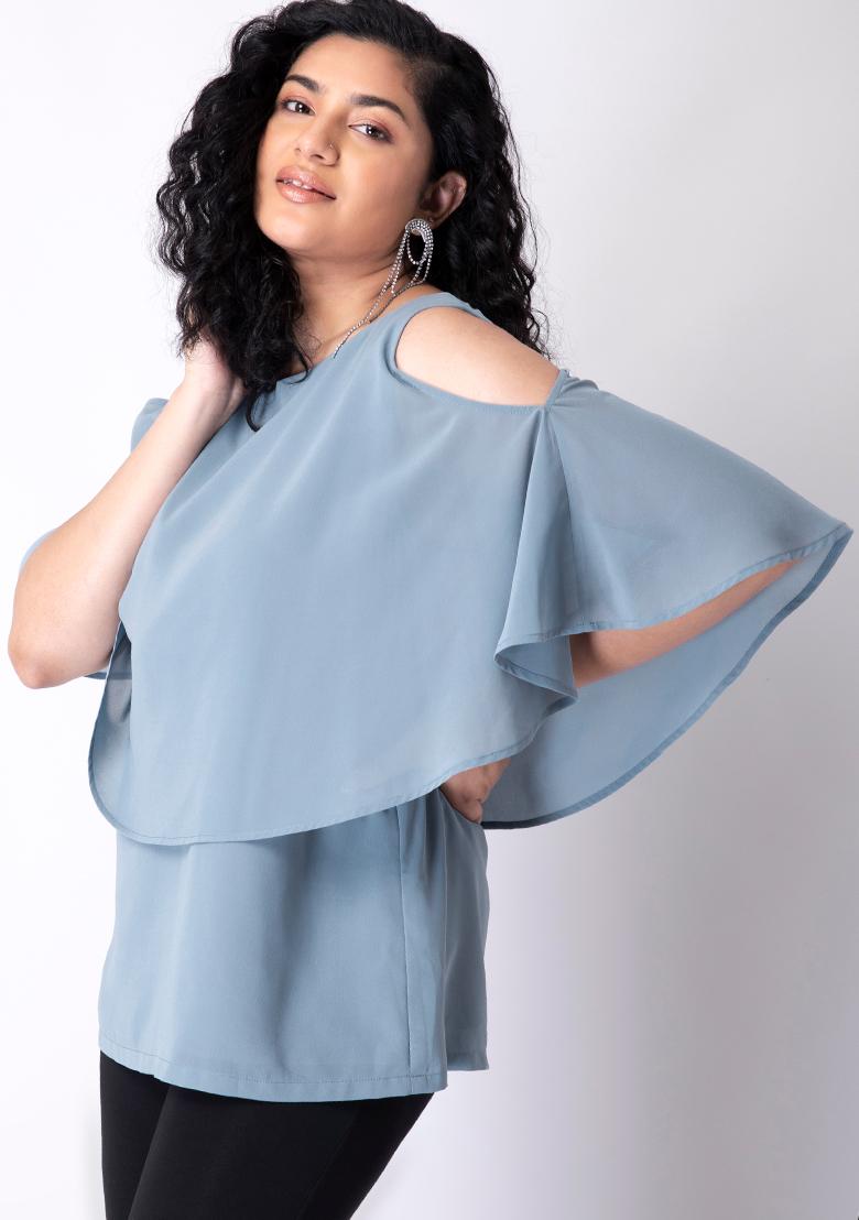 Buy Women Plus Size Blue Cold Shoulder Cape Top Curve Cape Tops Online India FabAlley