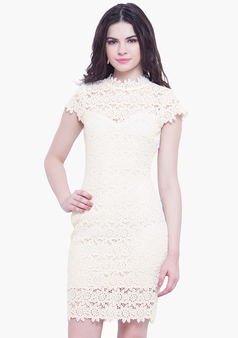 white high neck crochet dress