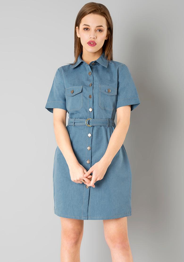 Buy Nuon Light Blue Denim Mini Shirt Dress from Westside