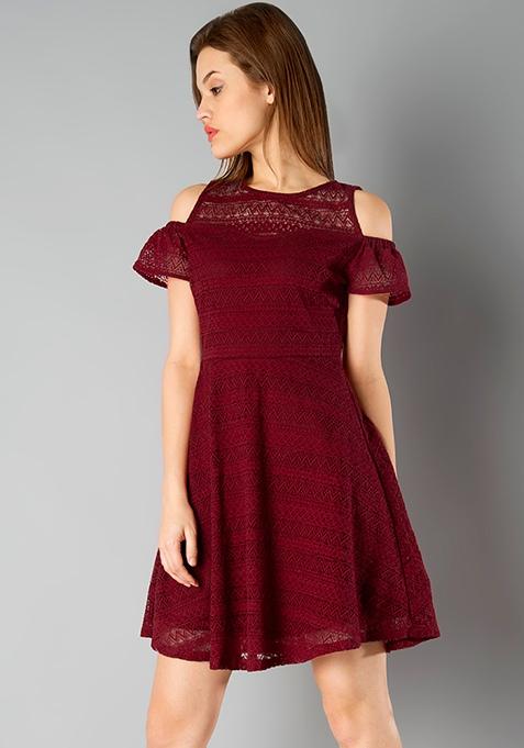 maroon cold shoulder dress