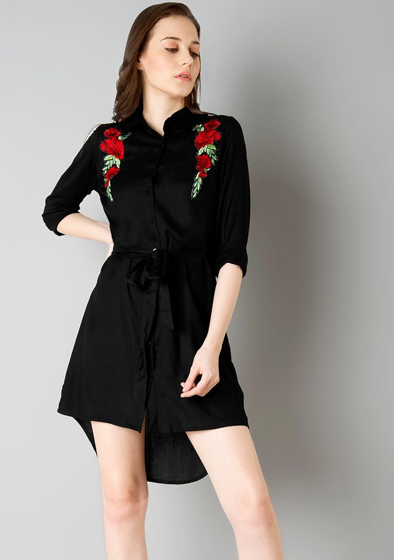 black embroidered shirt dress