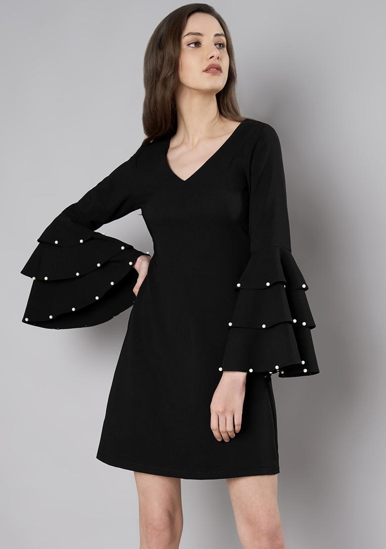 black dress with pearls on sleeves