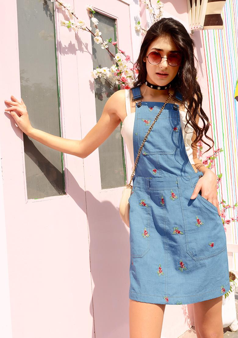 Denim Dungarees with Embroidered Flower Detail for Girls - stone, Girls