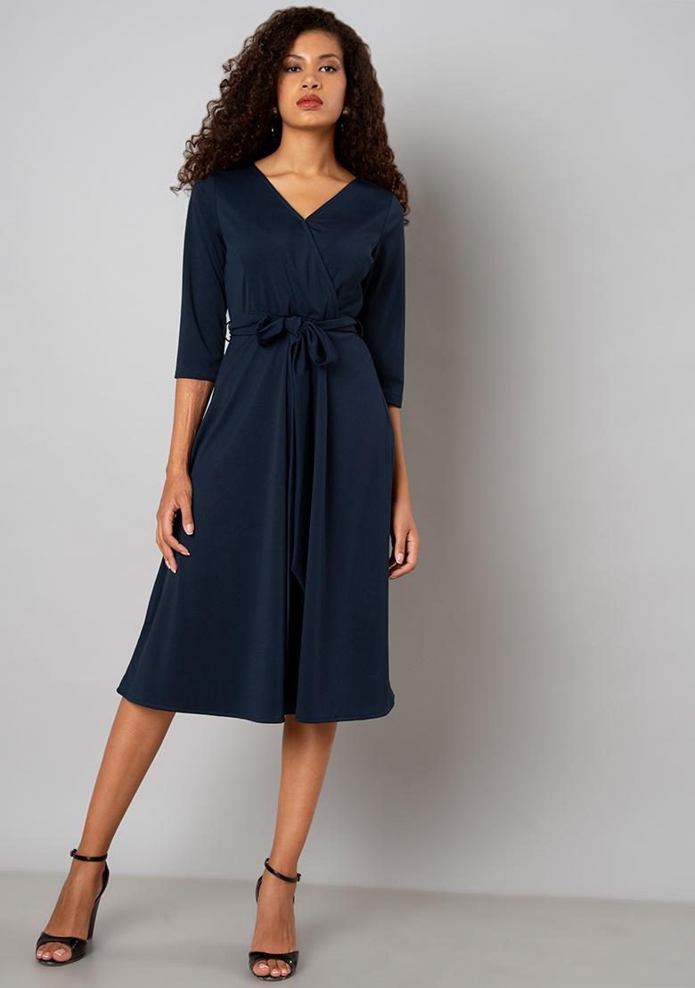 navy blue wrap midi dress