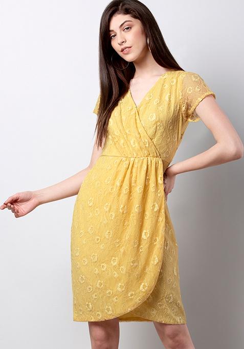 Buy Women Yellow Wrap Gathered Lace Dress - Honeymoon Dress Online ...