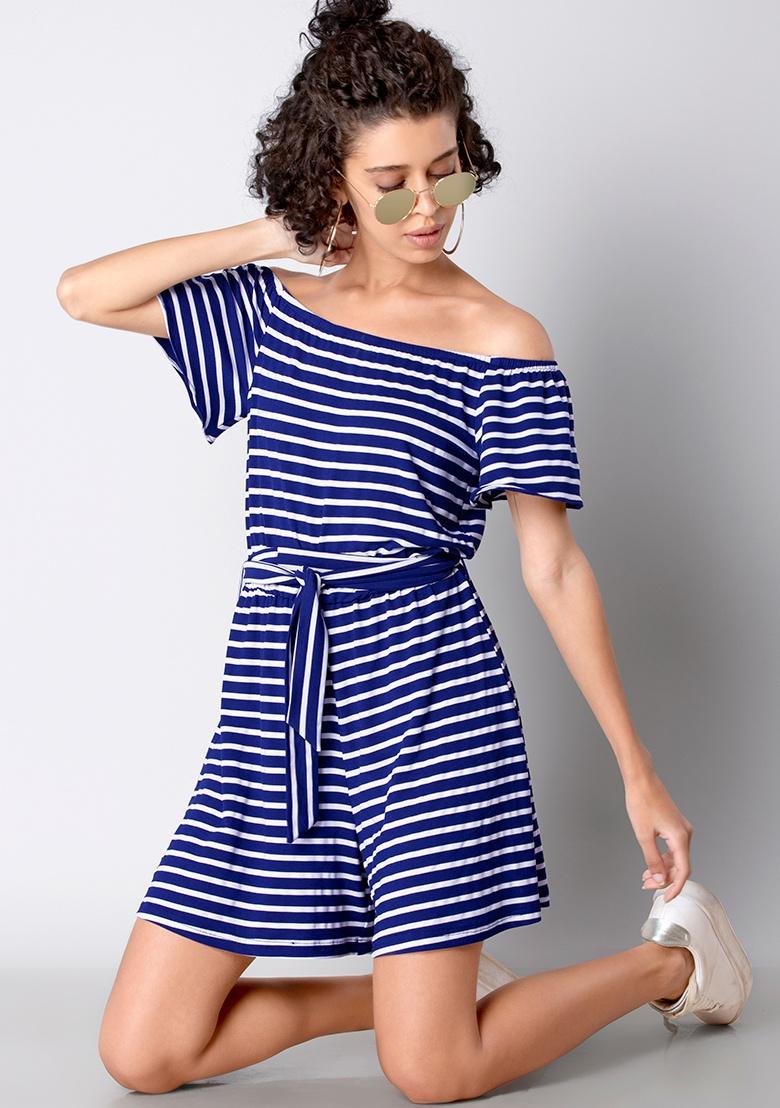 blue and white striped off the shoulder dress