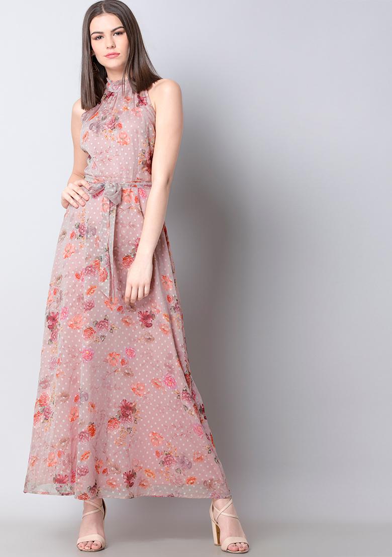 Buy Women Pink Floral Halter Belted Maxi Dress  Beach Wear Online India   FabAlley