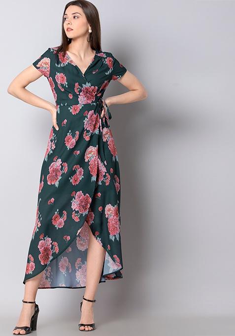 Buy Women Teal Floral High-Low Maxi Dress - Date Night Dress Online ...