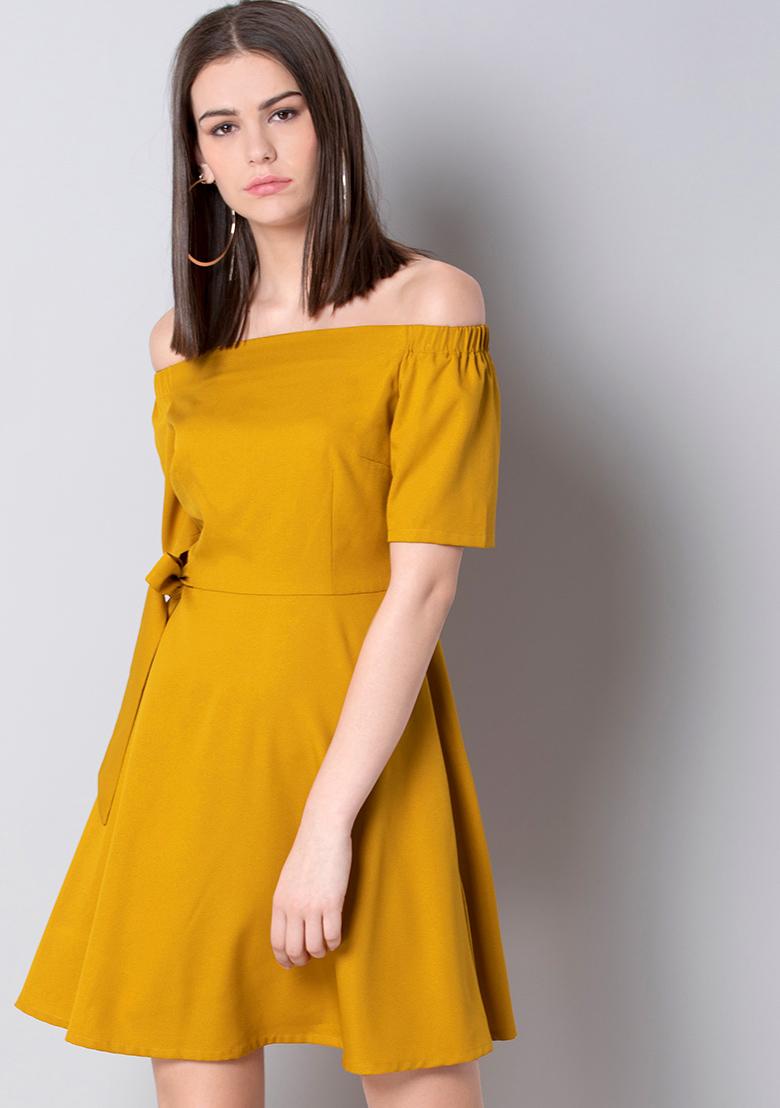 Buy Women Mustard Off Shoulder Side Tie Dress - Honeymoon Dress Online  India - FabAlley