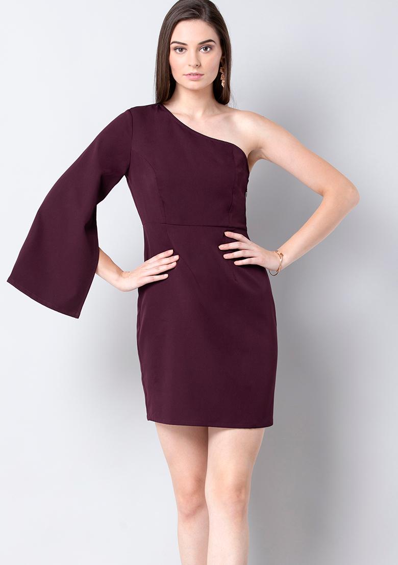 Buy Women Wine One Shoulder Slit Sleeve Dress - A-Line Dresses Online India  - FabAlley
