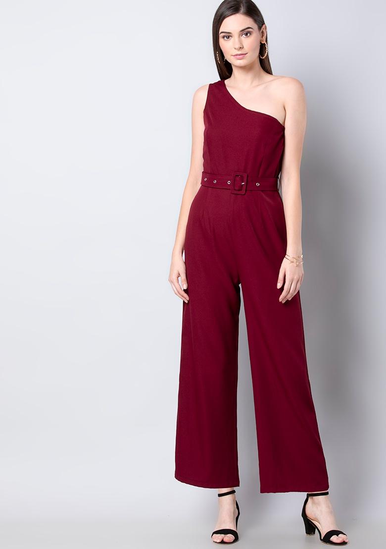 one shoulder belted jumpsuit