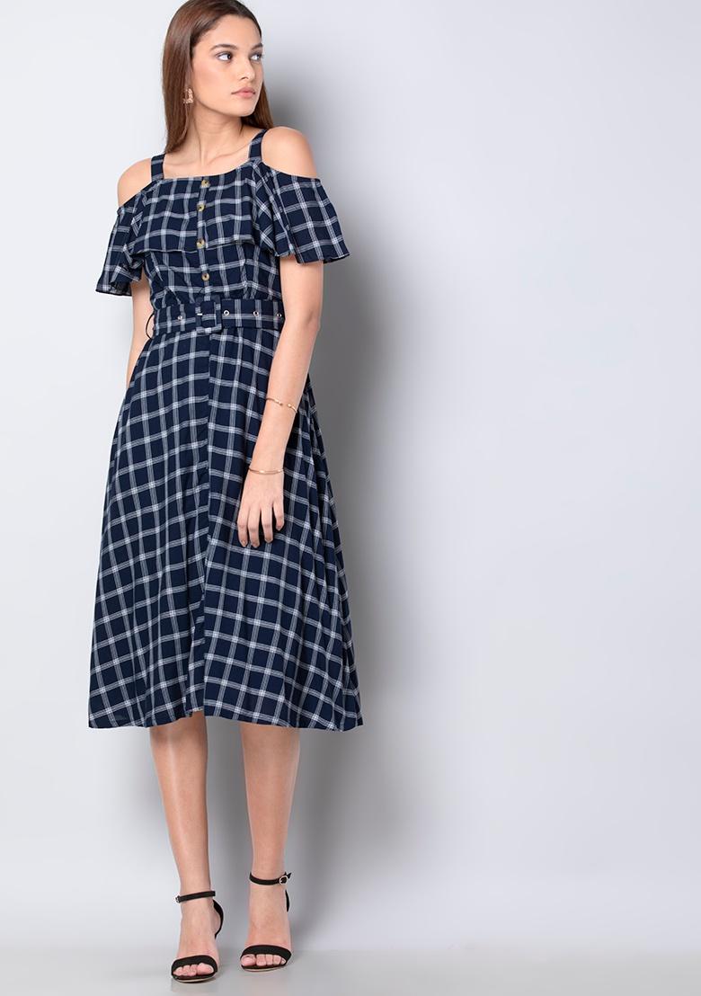 Buy Women Navy Checked Cold Shoulder Ruffled Dress A Line Dresses Online India Faballey