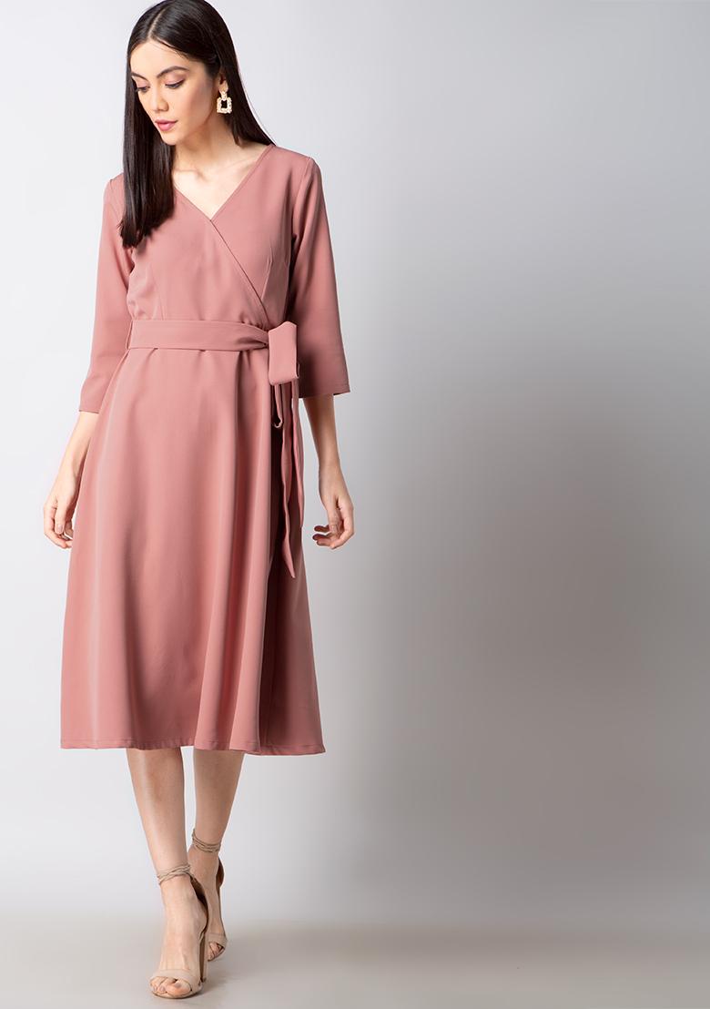 Buy Women Pink Solid Wrap Midi Dress - Wrap Dresses Online India - FabAlley