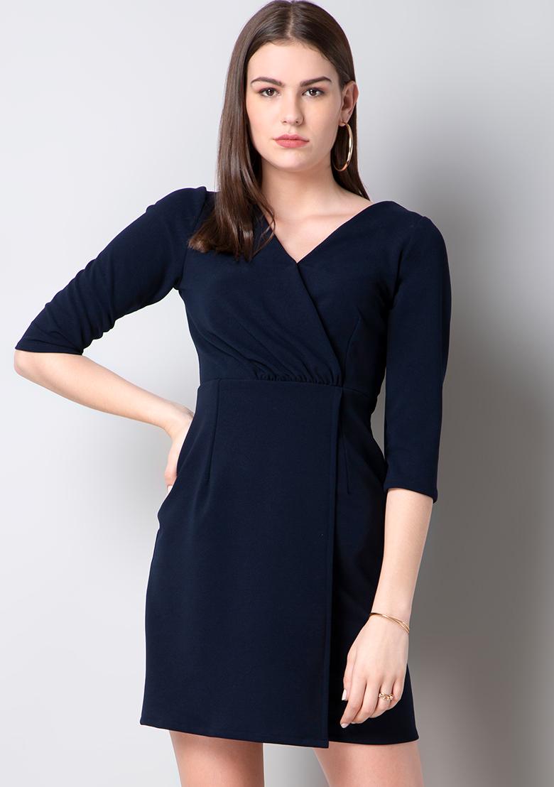 Buy Women Navy V Neck Wrap Dress - Wrap Dresses Online India - FabAlley