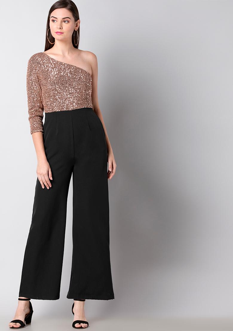 one shoulder pink jumpsuit