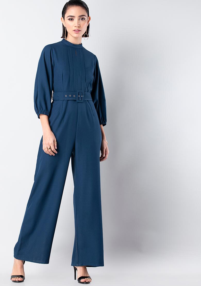 blue pleated jumpsuit