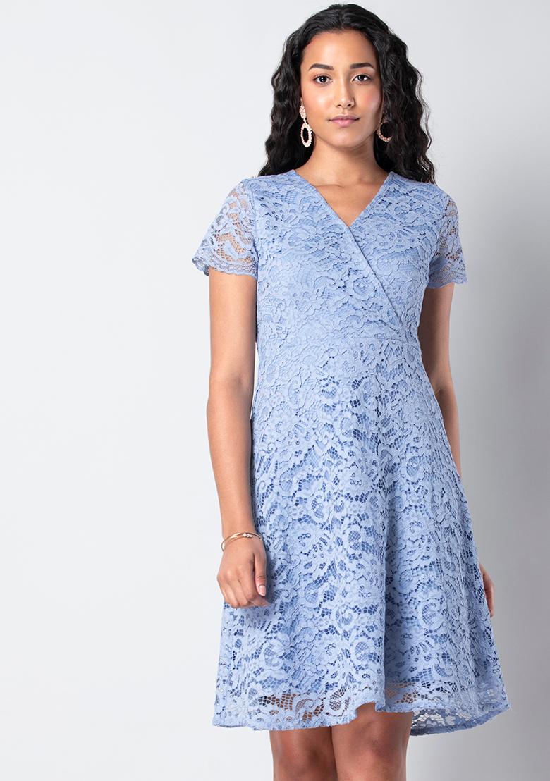 blue lace midi dress with sleeves