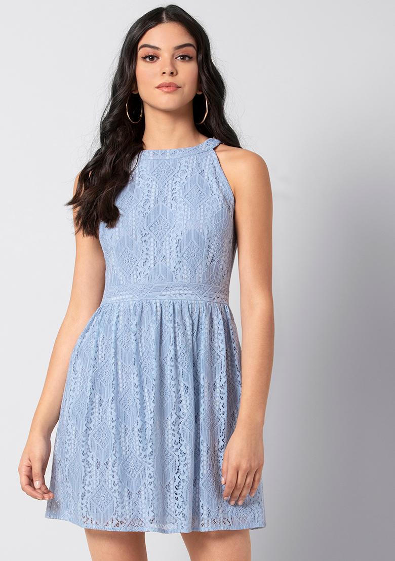 Buy Women Light Blue Lace Halter Dress ...