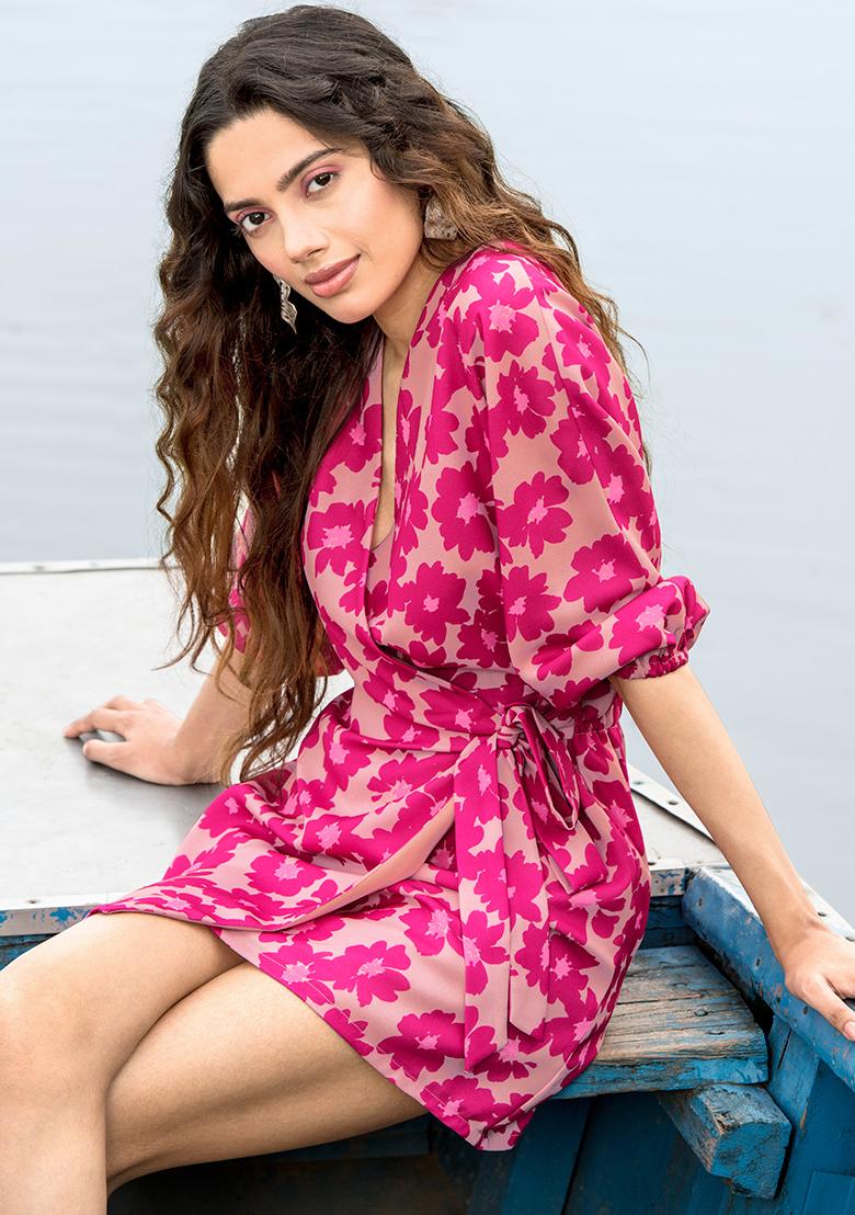 Buy Women Beige Pink Floral Mini Wrap Dress - Wrap Dresses Online India -  FabAlley