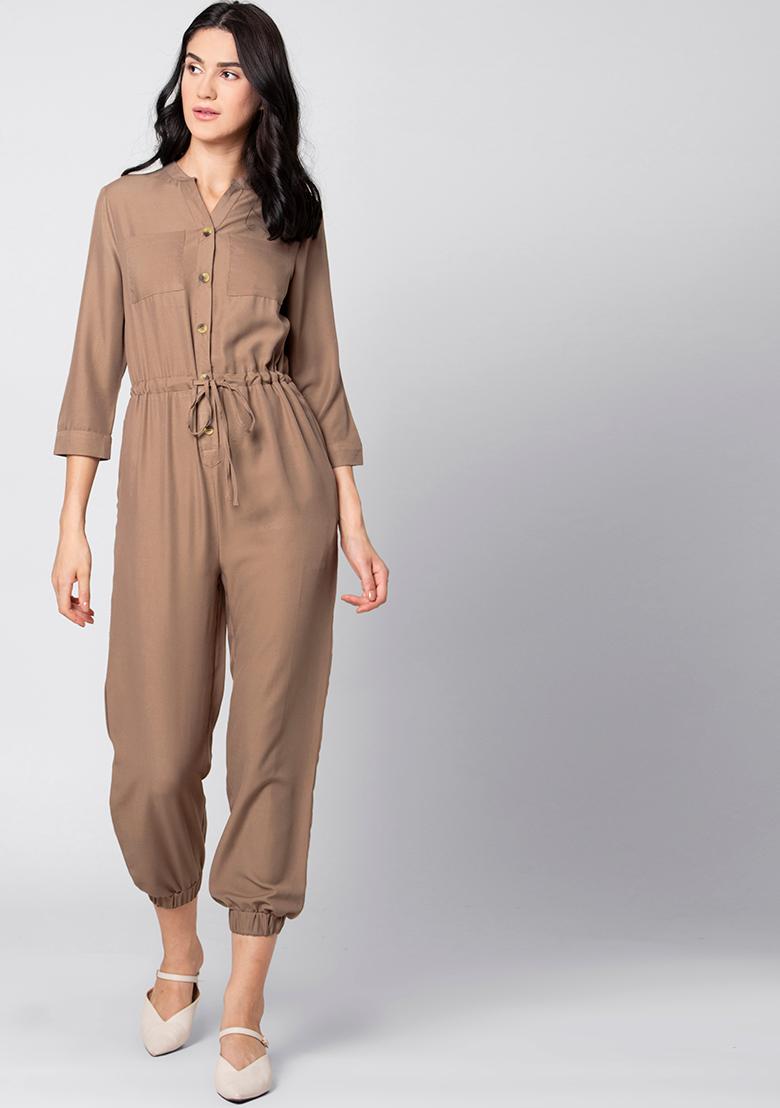 beige utility jumpsuit