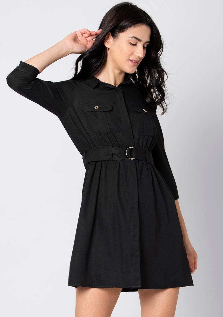 Buy Women Black Solid Mini Shirt Dress ...