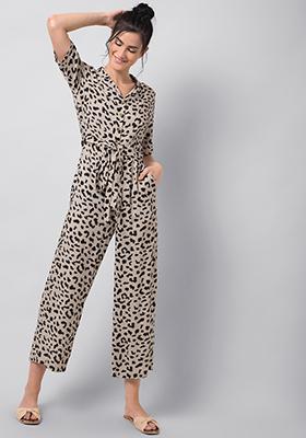 Leopard Print Belted Collared Jumpsuit