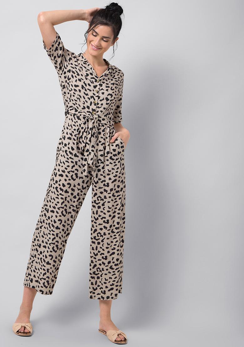 Buy Women Leopard Print Belted Collared Jumpsuit - Honeymoon Dress Online  India - FabAlley
