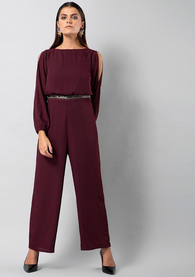 Buy FOREVER NEW Burgundy Solid Full Sleeves Polyester Women Jumpsuits   Shoppers Stop