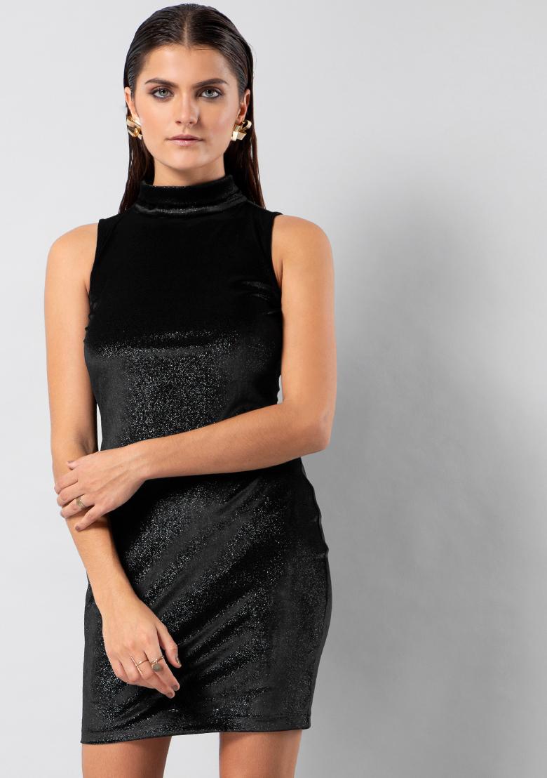 Melania High Neck Mini Dress - Black - MESHKI