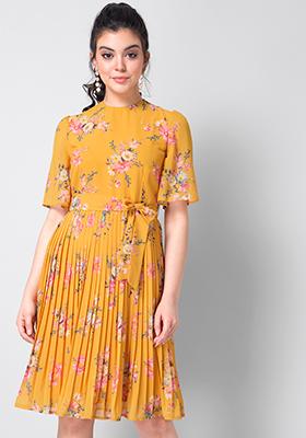 Yellow Floral Pleated Belted Shift Dress 
