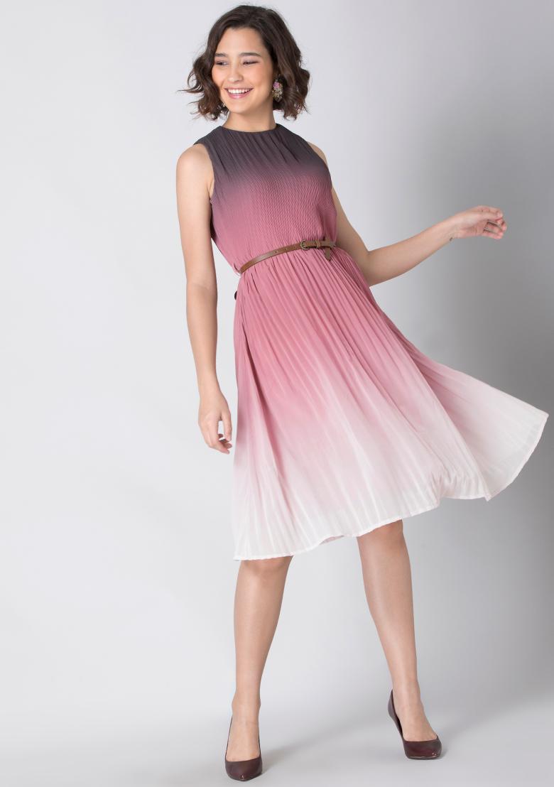 Buy Women Pink Grey Ombre Pleated Shift ...